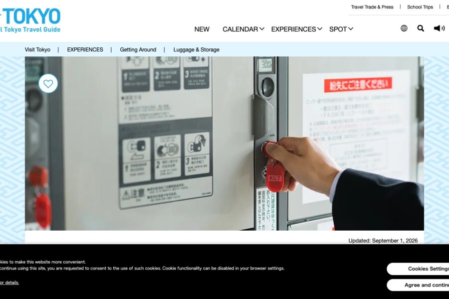 The Tokyo official travel site's luggage storage page, listing coin locker sizes with typical prices and accepted payment methods.