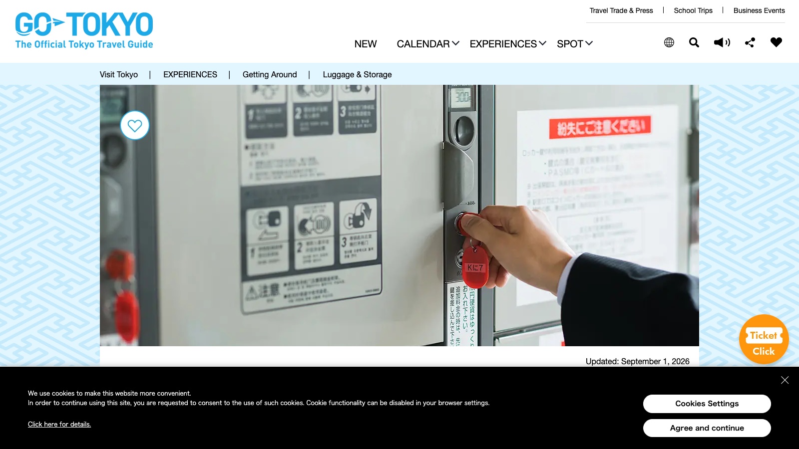 The Tokyo official travel site's luggage storage page, listing coin locker sizes with typical prices and accepted payment methods.