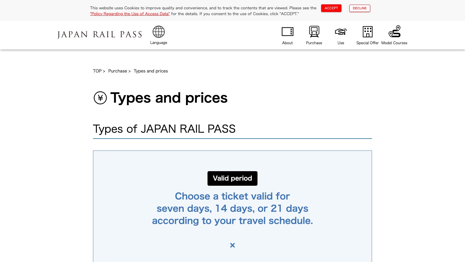 The official JAPAN RAIL PASS price page showing 7, 14 and 21-day prices for standard and Green Car passes, including the increase from 1 October 2026.