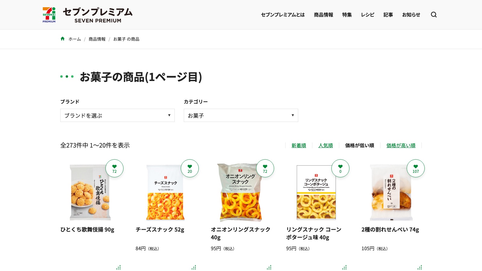 The Seven Premium snack category on 7premium.jp sorted by lowest price, showing own-brand Japanese snacks with tax-included prices.