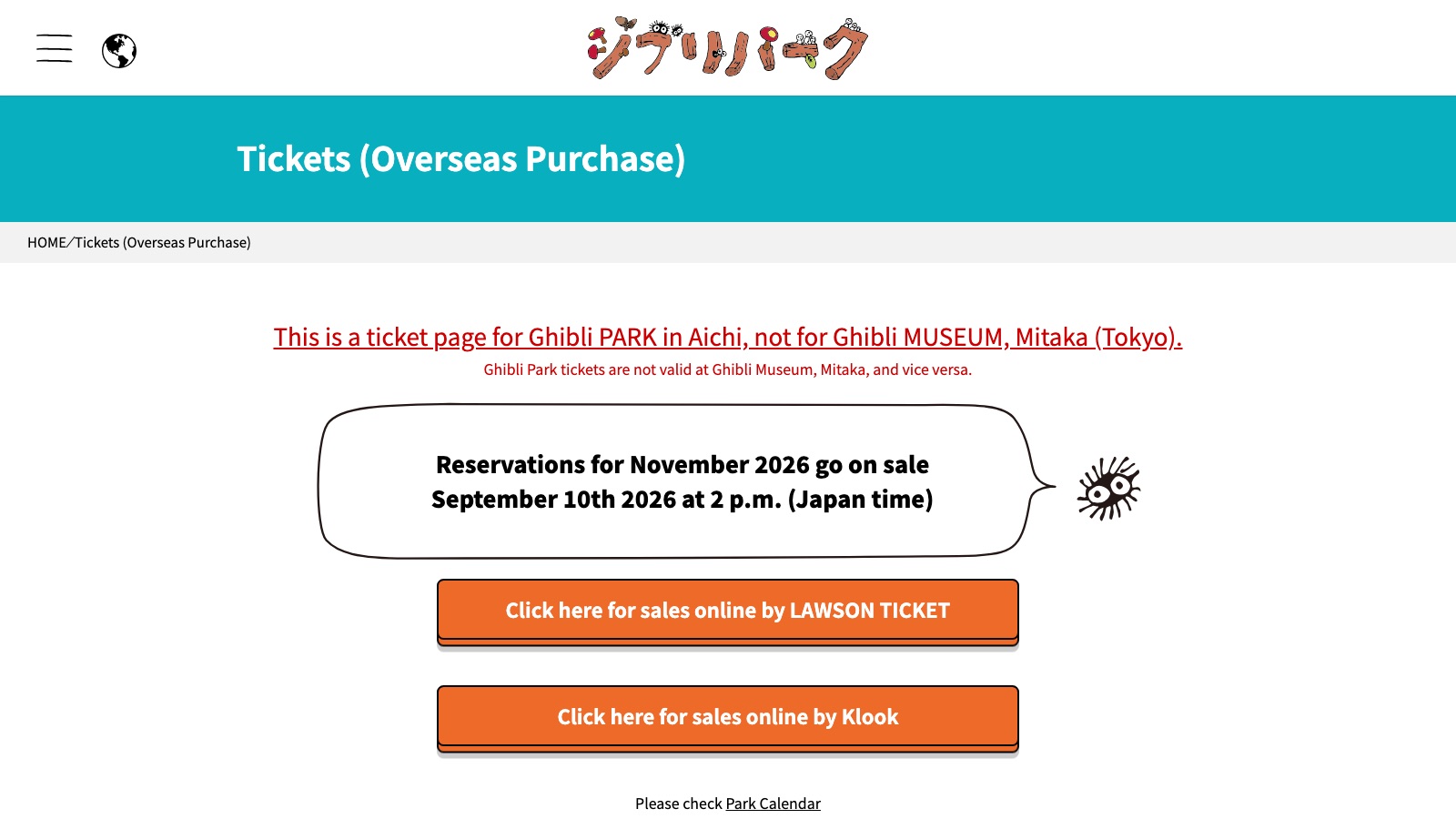 The official Ghibli Park English ticket page showing the overseas sales schedule and the O-Sanpo Day Pass price table.