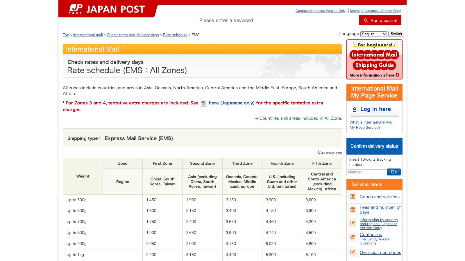 Japan Post's official English EMS rate table showing international shipping prices by destination zone and parcel weight.